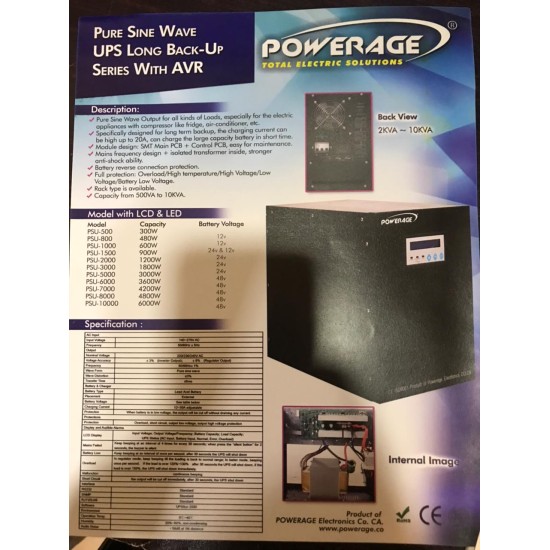 Powerage PSU-1000 24V & 12V Pure Sine Wave Long Back Up UPS price in Paksitan